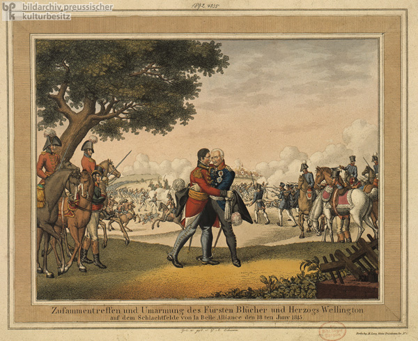 Zusammentreffen des Fürsten Blücher und des Herzogs Wellington auf dem Schlachtfeld von Waterloo (La Belle Alliance) am 18. Juni 1815 (19. Jahrhundert)